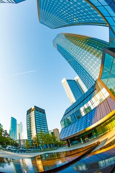 Frankfurt, Germany - October 1, 2011: perspective of skyscrapers in Frankfurt under blue sky