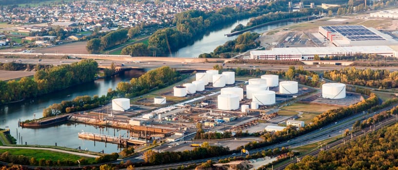 Raunheim, Germany - September 29, 2014: approaching Frankfurt airport with view to the oil station with big tanks in Raunheim, Germany.