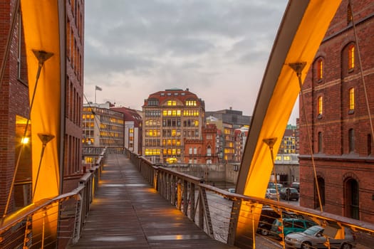Hamburg, Germany - January 19, 2011: the Unesco world heritage site Speicherstadt in Hamburg at night.