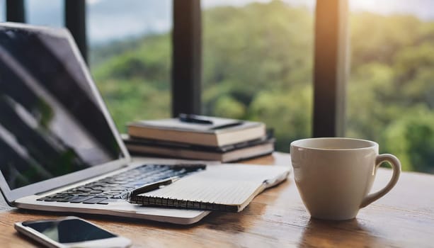 Modern workplace with laptop computer, coffee cup and office supplies