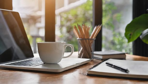 Modern workplace with laptop computer, coffee cup and office supplies