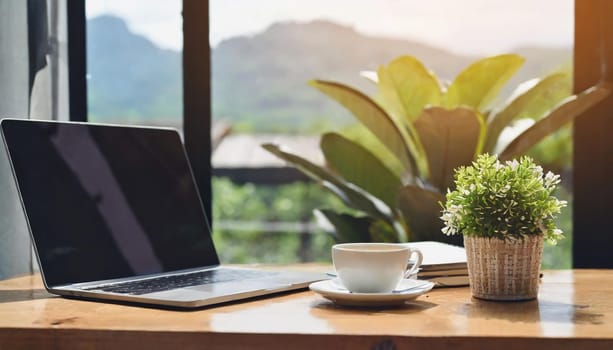 Modern workplace with laptop computer, coffee cup and office supplies