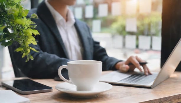 Modern workplace with laptop computer, coffee cup and office supplies