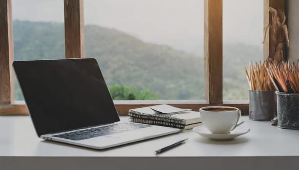 Modern workplace with laptop computer, coffee cup and office supplies