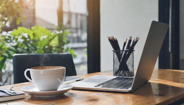 Modern workplace with laptop computer, coffee cup and office supplies
