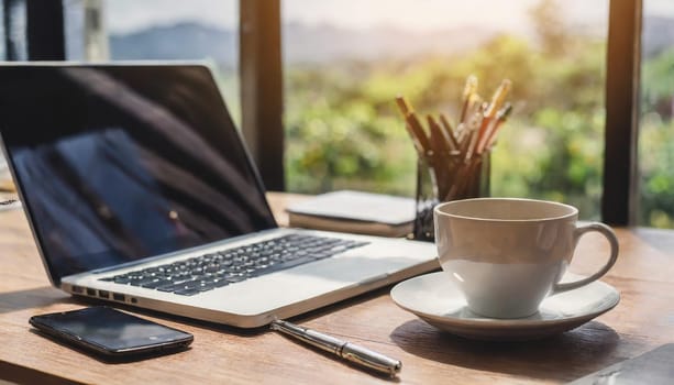 Modern workplace with laptop computer, coffee cup and office supplies