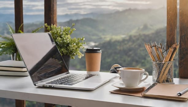 Modern workplace with laptop computer, coffee cup and office supplies