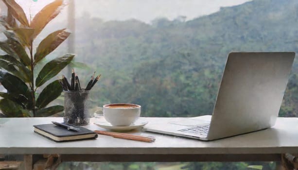 Modern workplace with laptop computer, coffee cup and office supplies