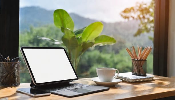 Wood office desk table with a lot of things tablet, laptop ,smartphone ,notepad and coffee cup notepad .copy space virtual interface icons screen.