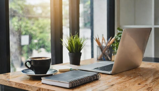 Wood office desk table with a lot of things tablet, laptop ,smartphone ,notepad and coffee cup notepad .copy space virtual interface icons screen.