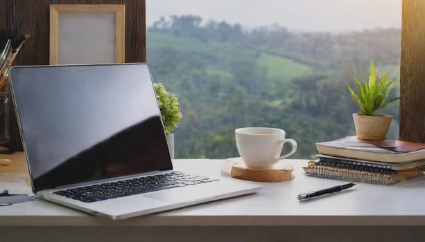 Wood office desk table with a lot of things tablet, laptop ,smartphone ,notepad and coffee cup notepad .copy space virtual interface icons screen.