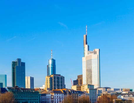 Frankfurt, Germany - October 1, 2011: view to skyline of Frankfurt with river Main and skyscraper