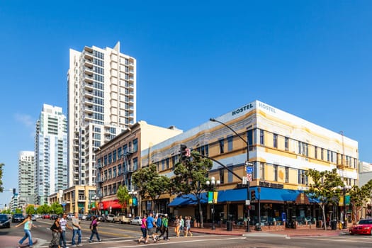 San Diego, USA - June 11, 2012:  facade of historic houses in the gaslamp quarter  in San Diego, USA. The area is a historic district on the National Register of Historic Places and dates back to 1867.