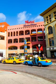 San Diego, USA - June 11, 2011:  facade of historic houses in the gaslamp quarter in San Diego, USA. The area is a historic district on the National Register of Historic Places and dates back to 1867.