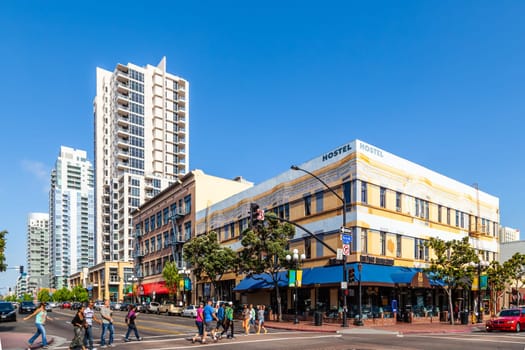 San Diego, USA - June 11, 2012:  facade of historic houses in the gaslamp quarter  in San Diego, USA. The area is a historic district on the National Register of Historic Places and dates back to 1867.