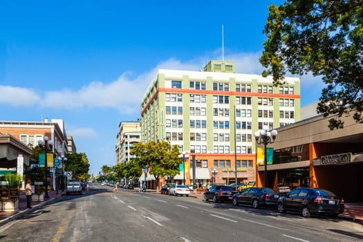 San Diego, USA - June 11, 2012:  facade of historic houses in the gaslamp quarter  in San Diego, USA. The area is a historic district on the National Register of Historic Places and dates back to 1867.