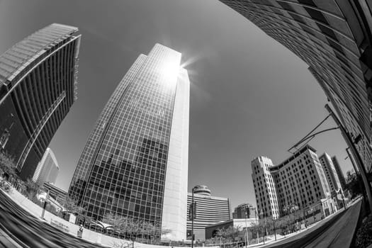 Phoenix, USA - June 14, 2012:  perspective of skyscrapers downtown at central avenue in Phoenix. Central Avenue represents almost every architectural use and style found in Phoenix.