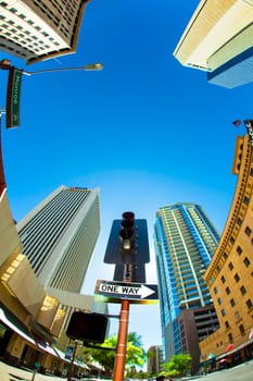 PHOENIX, USA - JUNE 14: perspective of skyscrapers corner San Carlos Monroe street on June 14,2012 in Phoenix, Arizona. The famous San Carlos was inaugurated in 1927.