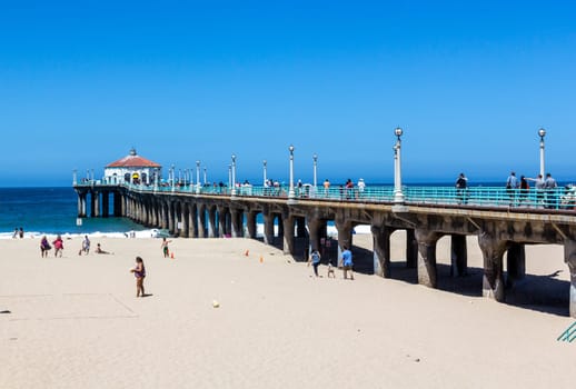 Manhattan Beach, USA - June 24, 2012: people enjoy the beach at the pier in Manhattan Beach, USA.  The famous pier with the octagonal house was completed and dedicated on July 5, 1920.