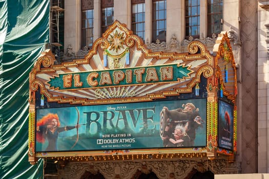 Los Angeles, USA - June 26, 2012: entrance balcony of of historic el Capitan theater and cinema in Hollywood.