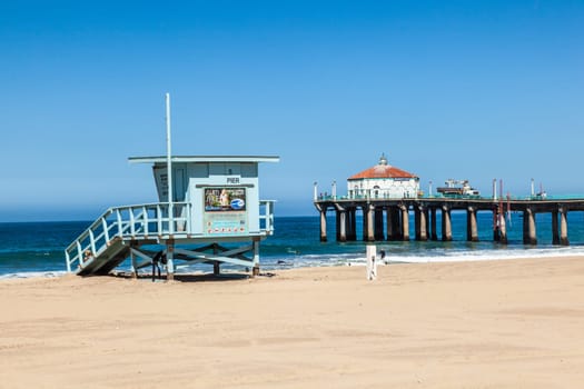 Redondo Beach, USA - June 25, 2012: beach hut and pier at Redondo Beach, USA.