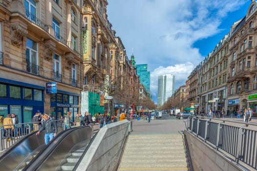 Frankfurt, Germany - April 12, 2013: view to the heart of Frankfurt at the Kaiserstrasse in Frankfurt, Germany. This area was built in 1888 with the construction of the central station.