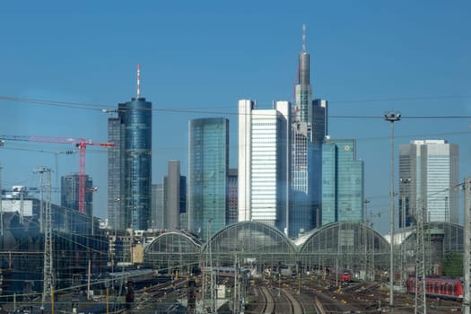 Frankfurt, Germany - September 5, 2013: view to skyline and central train station in Frankfurt.
