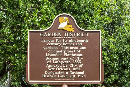 New Orleans, USA - July 16, 2013:   signage garden district in New Orleans. Tge Garden district is designated as national historic landmark in 1974..