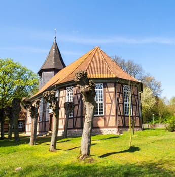 Ostenholz, Germany - April 12, 2014: famous old church in Ostenholz, germany. The timber framed church dates back to 1724.