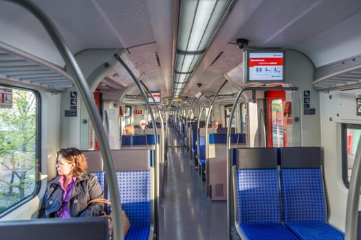Frankfurt, Germany - March 29 2014: s-Bahn, local train serving the Frankfurt area with transportation of passenger. The electrified S-Bahn serves the Rhine-Main area with local transportation.