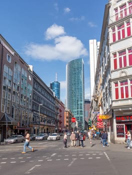 Frankfurt, Germany - May 17, 2014: the sex shops and bars are at the Moselstrasse in train station area in Frankfurt, Germany.