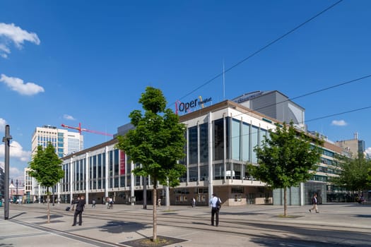 Frankfurt, Germany - May 19, 2014: modern opera house in Frankfurt at Willy Brandt square with streetcar.