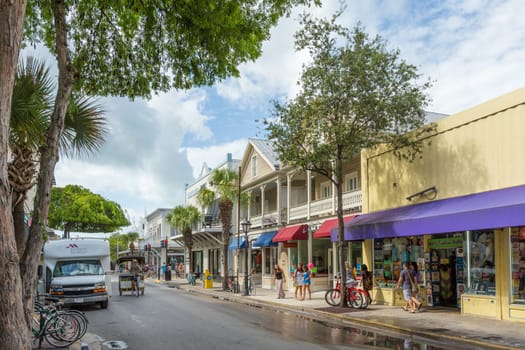 Key West, USA - August 26, 2014: Key West historic wooden buildings along Duval street.