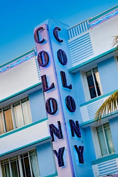 Miami, USA - August 30, 2014: view to neon signage of famous Colony hotel at ocean drive, Miami, USA.