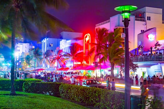 MIAMI, USA - Aug 30, 2014: View along Ocean Drive along South Beach Miami in the historic Art Deco District with hotels, restaurant and bar by night.