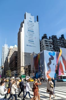 New York, USA - October 21, 2015: street view with people near Madison Square Garden, Manhattan, New York City, USA. New York is the most populous city in the United States.