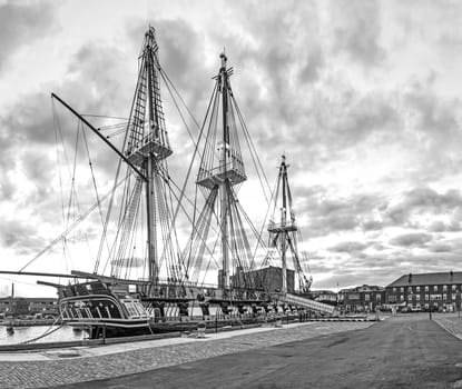 Boston, USA - September 29, 2017: view to  old navy ship USS constitution, based in Boston and open to public.