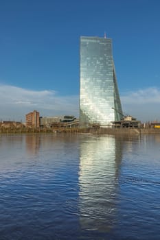 FRANKFURT, GERMANY - JAN 9, 2018: panoramic view to hafenpark in ostend, frankfurt am Main, Germany with new building of ECB, inaugurated in 2015.