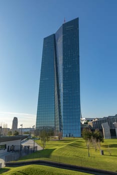 Frankfurt, Germany - January 9, 2018: panoramic view to hafenpark in ostend, frankfurt am Main, Germany with new building of ECB, inaugurated in 2015.