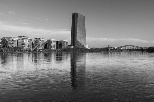 Frankfurt, Germany - January 9, 2018: panoramic view to hafenpark in ostend, frankfurt am Main, Germany with new building of ECB, inaugurated in 2015.
