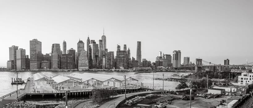 New York, USA - October 10, 2017:   scenic view from Brooklyn harbor side to skyline of Manhattan, New York.