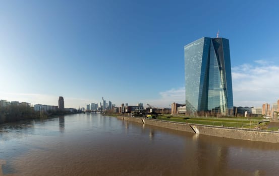 Frankfurt, Germany - January 9, 2018: panoramic view to hafenpark in ostend, frankfurt am Main, Germany with new building of ECB, inaugurated in 2015.