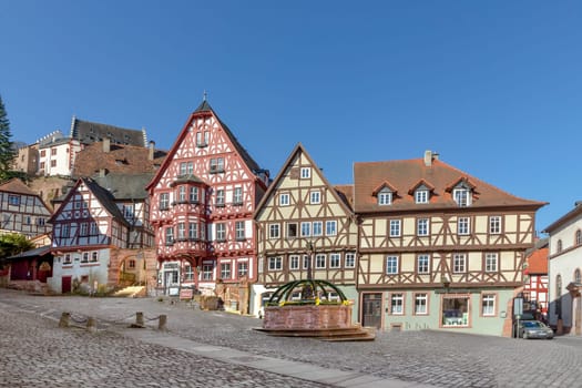 Miltenberg, Germany - April 6, 2018: Half-timbered old house in Miltenberg, Lower Franconia, Bavaria, Germany.