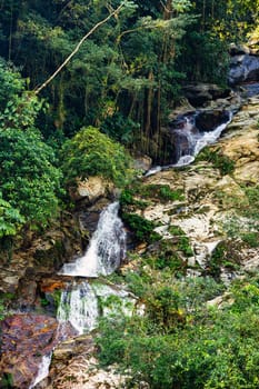 Small waterfall river in jungle. Hard trek to hidden ancient ruins of Tayrona civilization Ciudad Perdida in Colombian jungle. Santa Marta, Sierra Nevada mountains, Colombia wilderness landscape.
