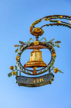 Rothenburg ob der Tauber, Germany - April 6, 2018: outdoor signage for a Gasthof - engl: restaurant - in the medieval town of Rothenburg, Germany.