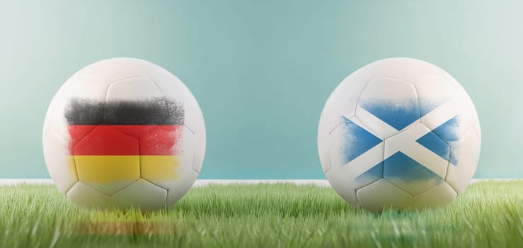 Germany vs Scotland football match infographic template for Euro 2024 matchday scoreline announcement. Two soccer balls with country flags placed against each other on the green grass with copy space