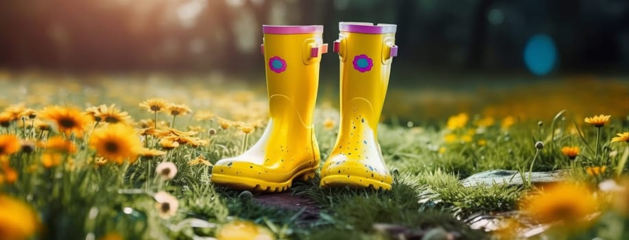 Spring gardening concept: spring flowers with rubber boots in the spring park at sunset.