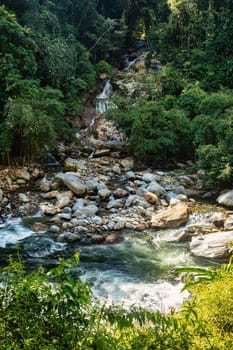 Small waterfall river in jungle. Hard trek to hidden ancient ruins of Tayrona civilization Ciudad Perdida in Colombian jungle. Santa Marta, Sierra Nevada mountains, Colombia wilderness landscape.
