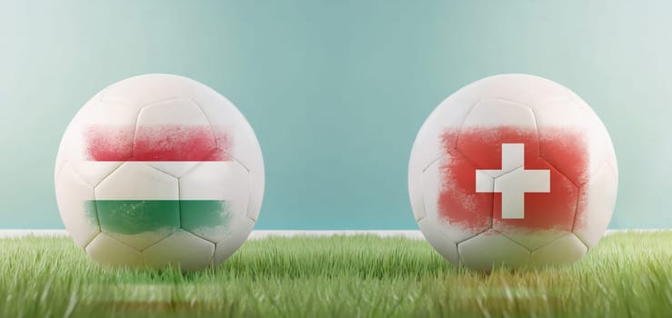 Hungary vs Switzerland football match infographic template for Euro 2024 matchday scoreline announcement. Two soccer balls with country flags placed against each other on the green grass with copy space