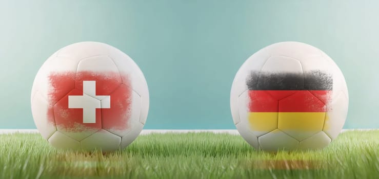 Switzerland vs Germany football match infographic template for Euro 2024 matchday scoreline announcement. Two soccer balls with country flags placed against each other on the green grass with copy space